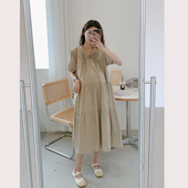 孕妇裙泡泡袖 甜美温柔风减龄过膝长裙潮妈裙 系带压褶连衣裙法式