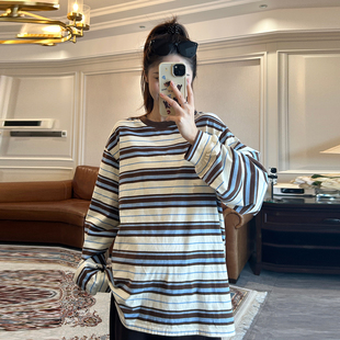MIU系撞色孕妇条纹长袖T恤春秋宽松遮肉显瘦孕期产后可穿打底上衣