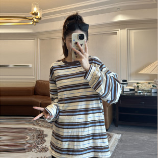 孕妇春秋款 t恤慵懒百搭宽松显瘦圆领休闲上衣 复古撞色条纹长袖