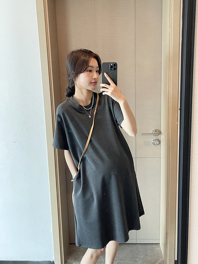 미니멀리스트 NUOCHU 출산 여름 드레스 느슨한 배를 덮는 작은 사람 슬리밍 반팔 A 라인 티셔츠 드레스 여름 드레스
