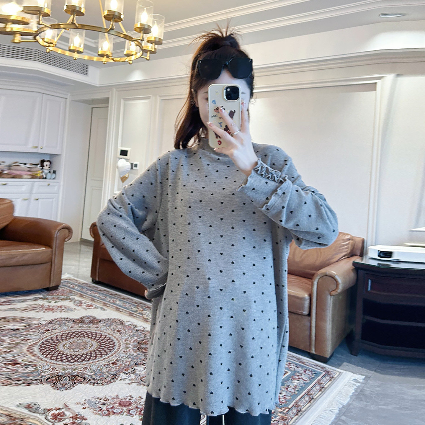 诺初孕妇装~柔软亲肤弹力韩系爱心立领木耳边打底衫内搭长袖上衣