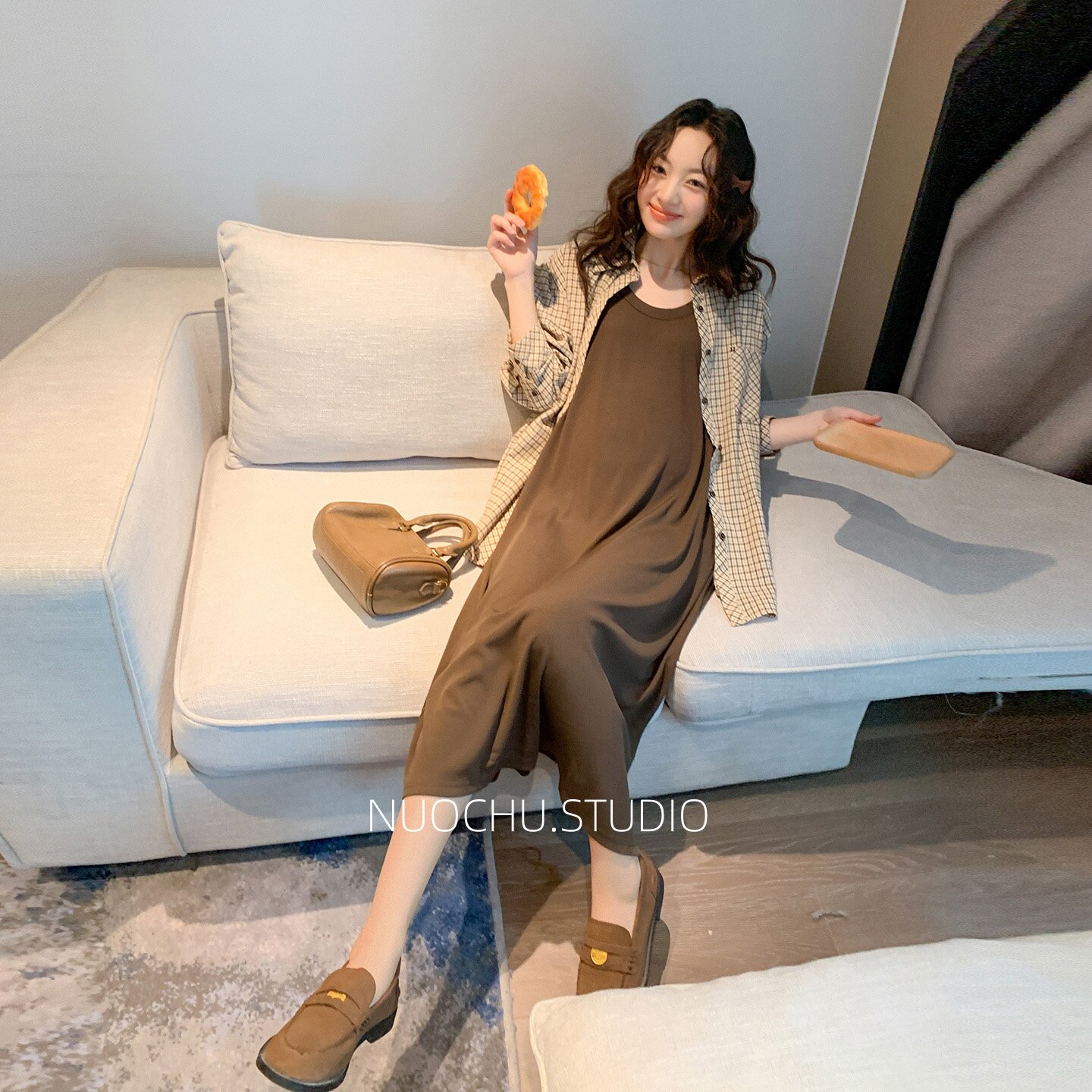 诺初◆韩版格纹孕妇衬衫连衣裙两件套春秋宽松显瘦遮肚孕期背心裙