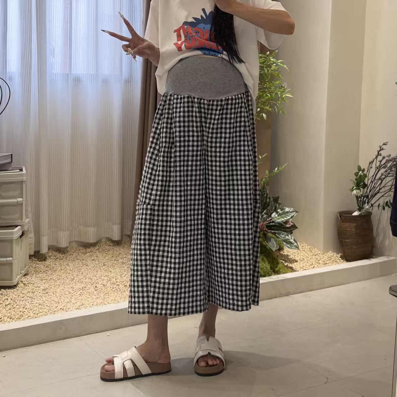 孕妇裤夏季薄款外穿小个子托腹不勒肚子阔腿裤棉麻格子孕期休闲裤