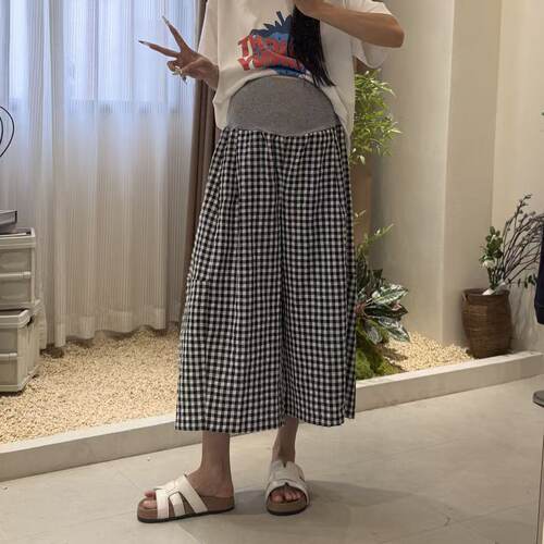 孕妇裤夏季薄款外穿小个子托腹不勒肚子阔腿裤棉麻格子孕期休闲裤