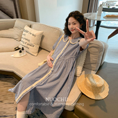 哺乳衣裙子 连衣裙宽松气质蓝格子孕妇衣夏装 诺初孕妇装 棉麻短袖