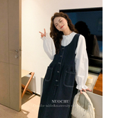 洋气孕妇背心连衣裙套装 春装 衬衫 诺初孕妇装 长款 过膝牛仔背带裙