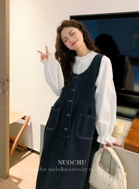 诺初孕妇装◆洋气孕妇背心连衣裙套装春装衬衫长款过膝牛仔背带裙