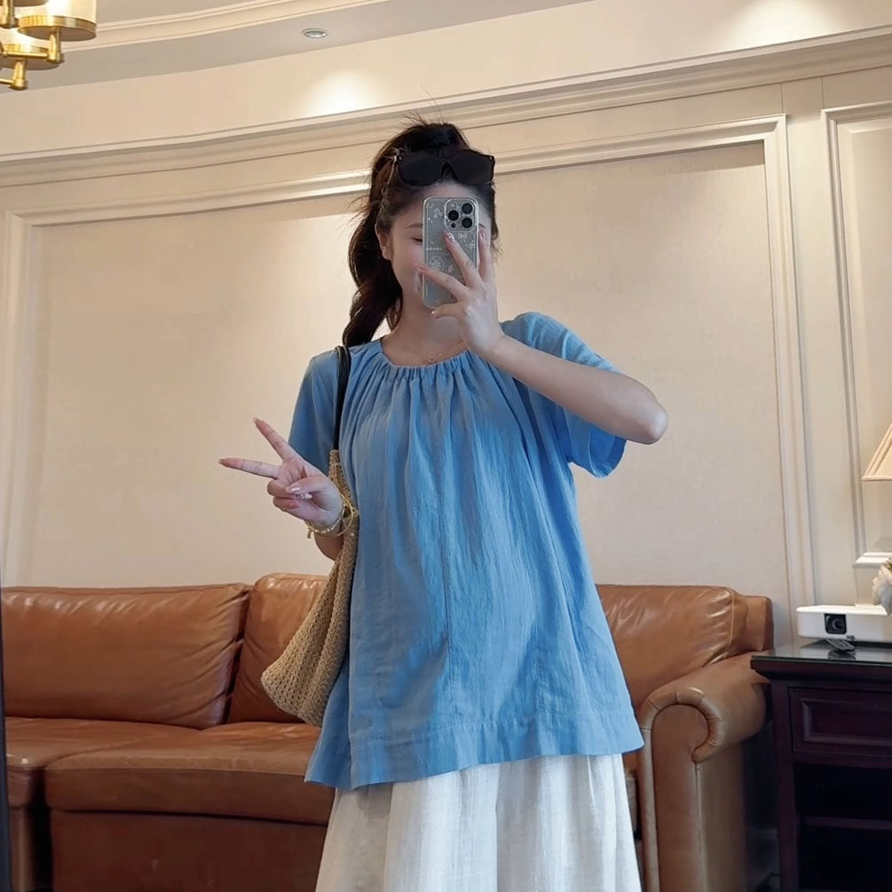 孕妇上衣夏季薄款时尚不显怀气质小衫孕期遮肉短袖衬衫宽松小个子