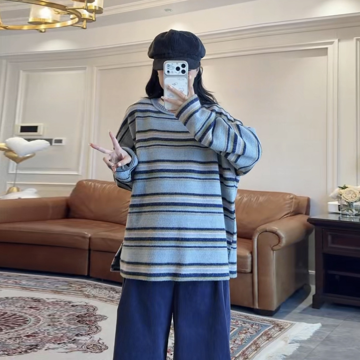 撞色条纹针织套头毛衣