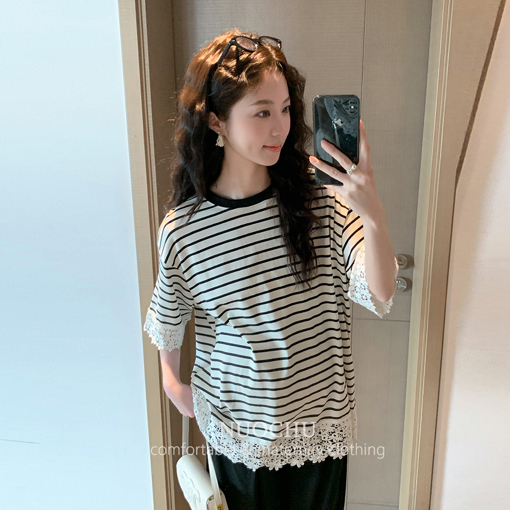 ◆诺初孕妇装◆夏日乐悠悠~夏季蕾丝花边条纹短袖T恤宽松显瘦上衣