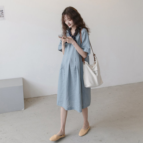 小清新波点蝴蝶结透气棉麻连衣裙