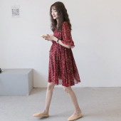 洋气孕妇连衣裙夏装 宽松红色雪纺碎花裙高腰孕妇裙小个子夏天裙子