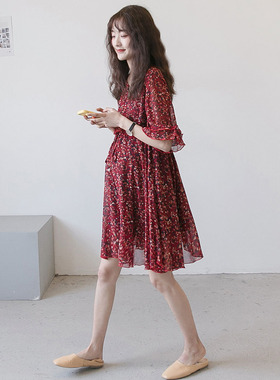 洋气孕妇连衣裙夏装宽松红色雪纺碎花裙高腰孕妇裙小个子夏天裙子