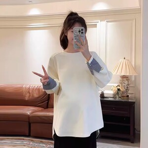 孕妇卫衣衬衫条纹袖拼接长袖T恤秋装新款纯棉加绒打底衫宽松上衣