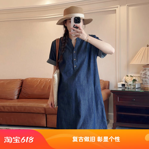 夏季复古牛仔V领短袖宽松连衣裙