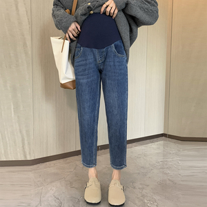 孕妇裤子冬季加绒时尚潮妈哈伦牛仔裤春秋外穿九分老爹裤休闲长裤
