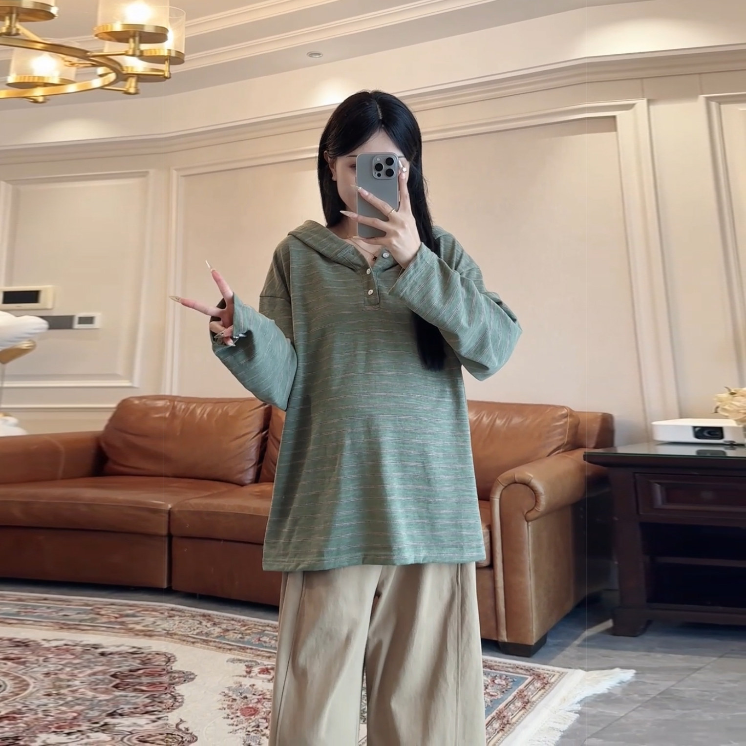 孕妇春秋连帽条纹显瘦长袖T恤