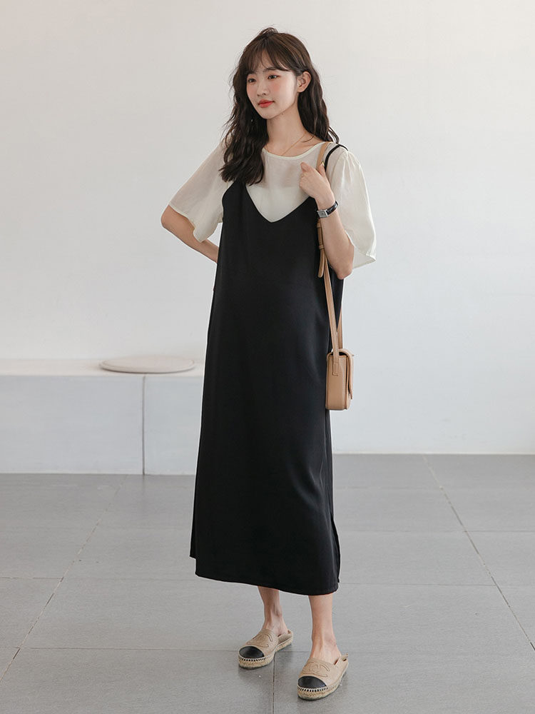 출산복 여름 한국판 슬리밍 반팔 쉬폰 드레스 중간 길이 가짜 투피스 세련되고 절묘한 겉옷 얇은 스타일