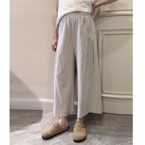 孕妇阔腿裤夏季薄款外穿日系竖条纹棉麻休闲裤不勒肚子九分阔腿裤