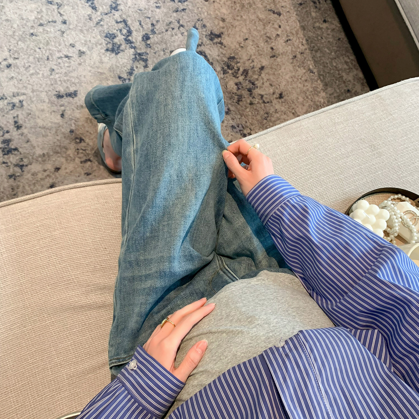 ◆诺初孕妇装◆百搭佼佼者~春装外穿牛仔裤显瘦九分老爹裤萝卜裤