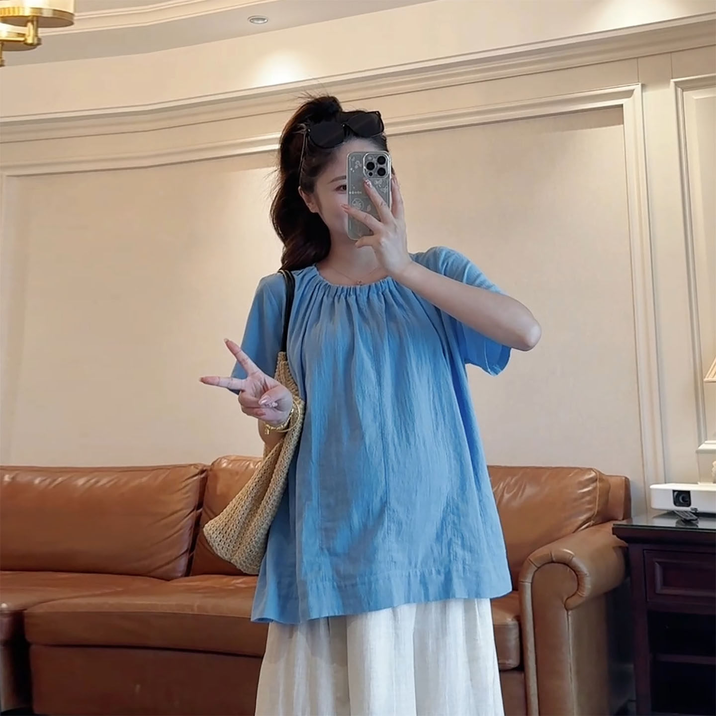 孕妇上衣夏季薄款时尚不显怀气质小衫孕期遮肉短袖衬衫宽松小个子
