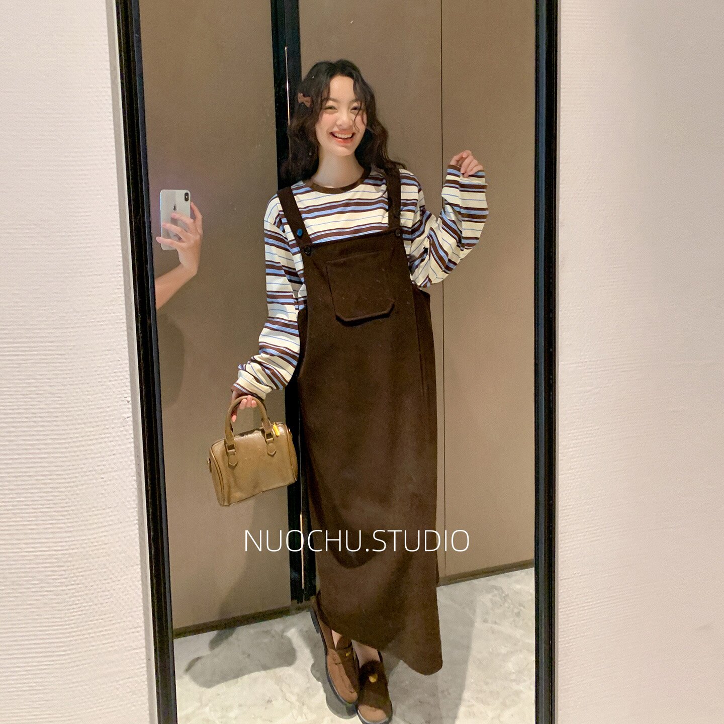 诺初◆韩系灯芯绒孕妇背带裙春秋宽松显瘦遮肚中长款孕期外出裙