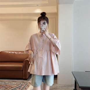 孕妇新中式 国风衬衫 夏季 潮 诺初自制 小众单排盘扣短袖 上衣娃娃衫