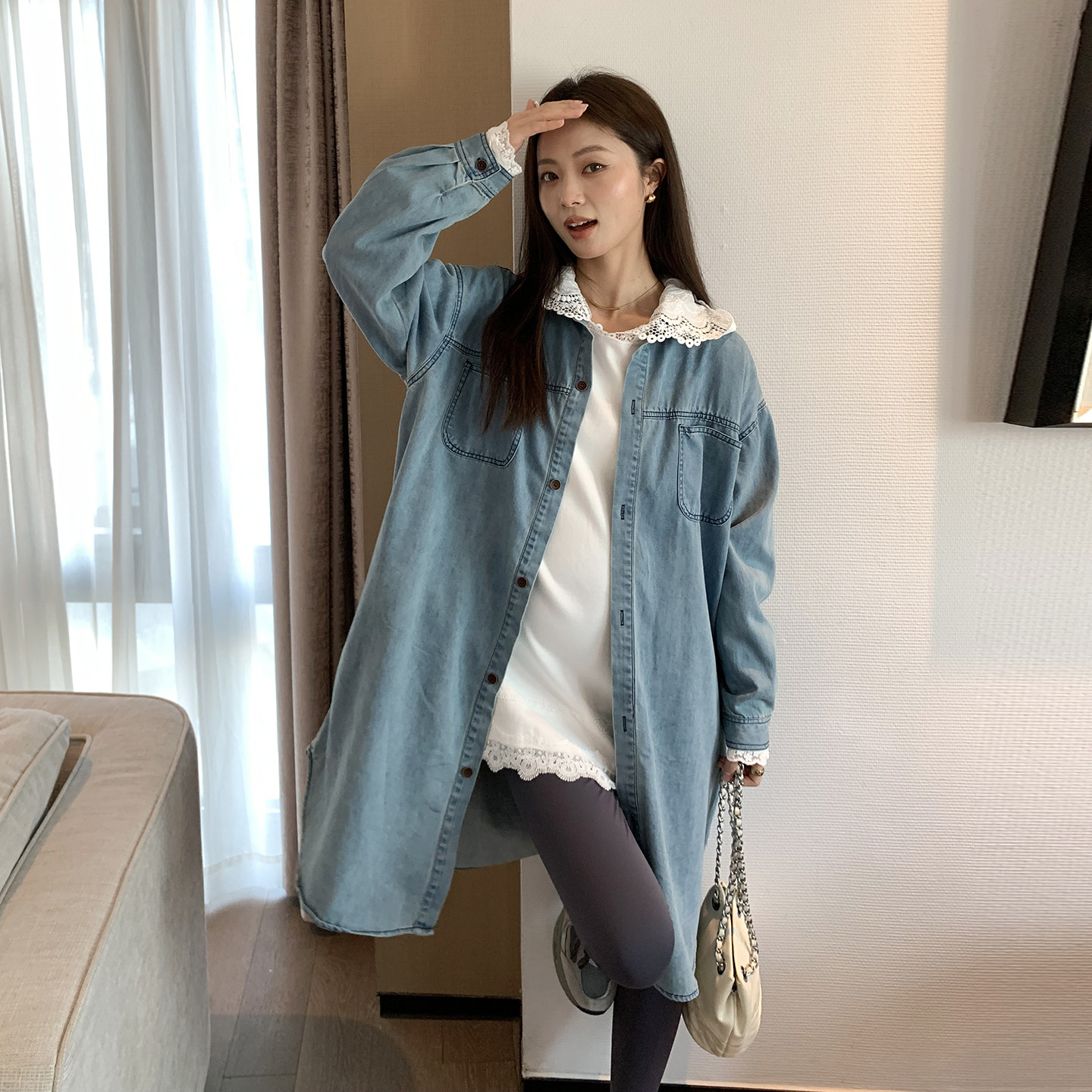 诺初孕妇韩版复古牛仔连衣裙春款牛仔裙小众设计衬衫长袖上衣长款