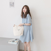 纯棉小个子可哺乳衬衫 清新蓝 连衣裙条纹宽松薄款 短袖 裙 孕妇夏装