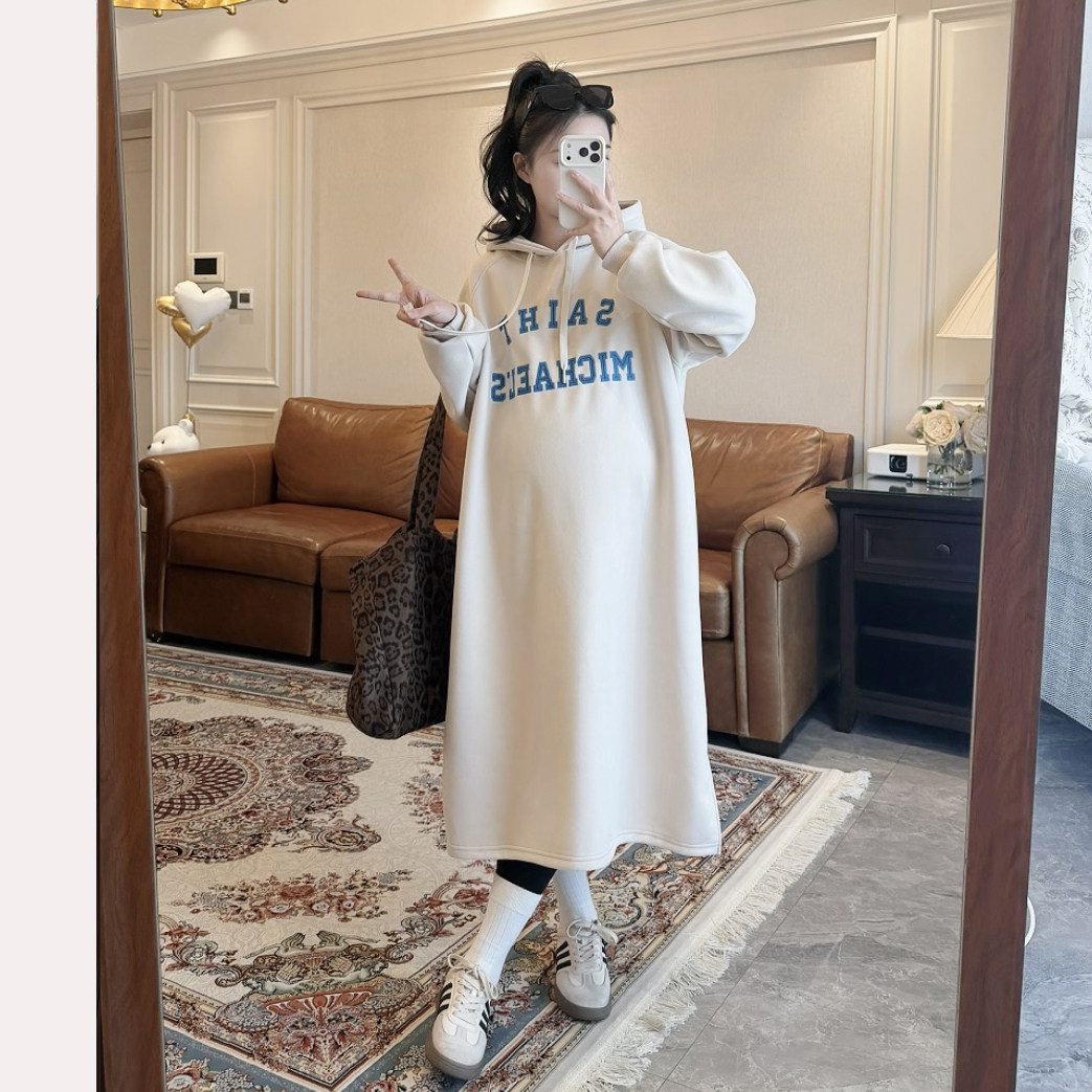 韩系刺绣字母加绒卫衣裙~孕妇装春装保暖休闲连帽加厚长款连衣裙