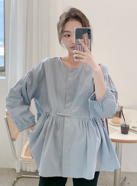 baby蓝~气质孕妇装春秋装衬衫孕期上衣宽松纯棉娃娃衫衬衣职业装