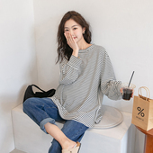 纯棉中长款 实穿百搭 打底春秋季 设计感长袖 宽松上衣 孕妇T恤条纹衫