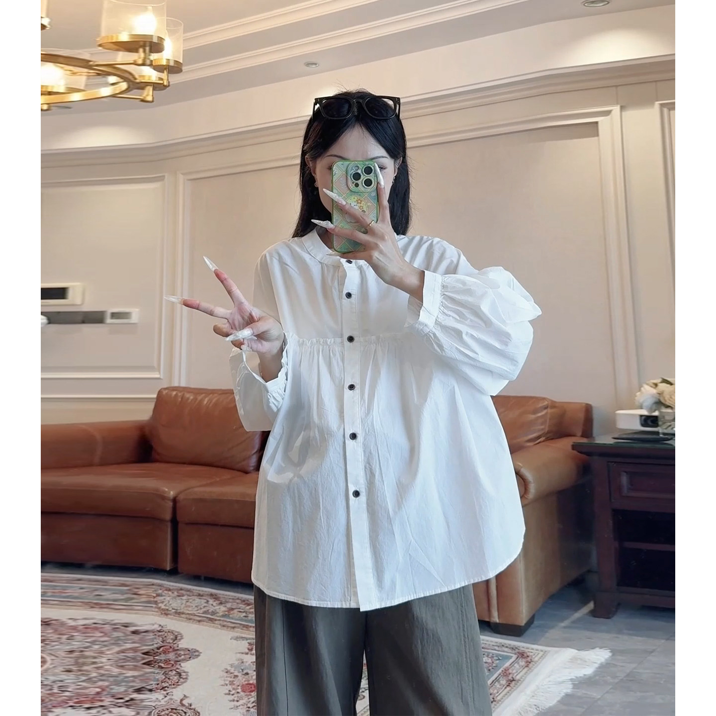 孕妇春秋木耳边显瘦遮肉长袖衬衫