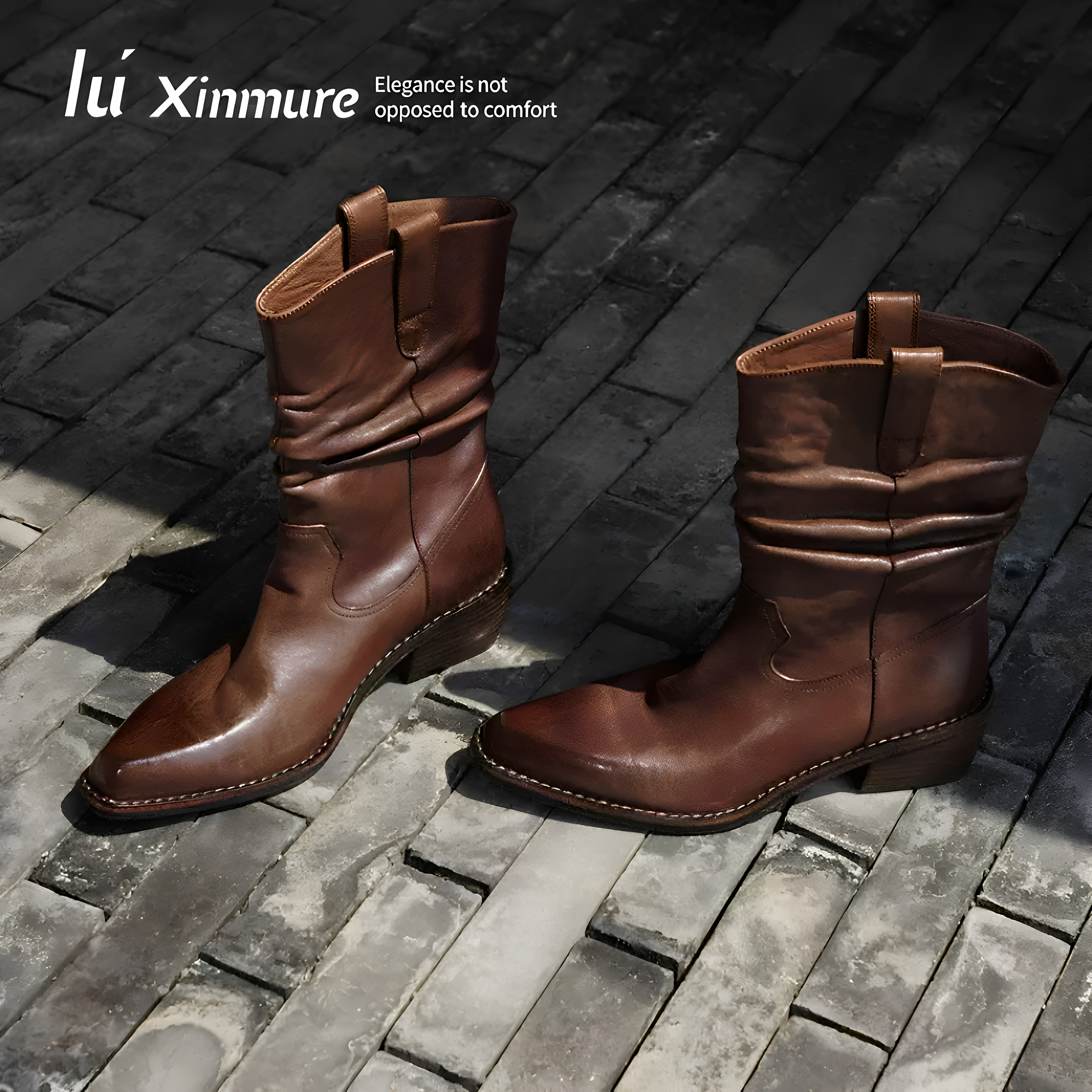 Lu' Xinmure 水洗马皮中筒靴女堆堆靴 新款里外真皮 骑士靴女单靴