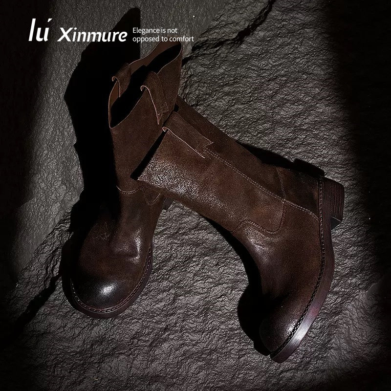 Lu' Xinmure 意大利头层牛皮中筒靴女 新款女靴小皮靴复古时装靴