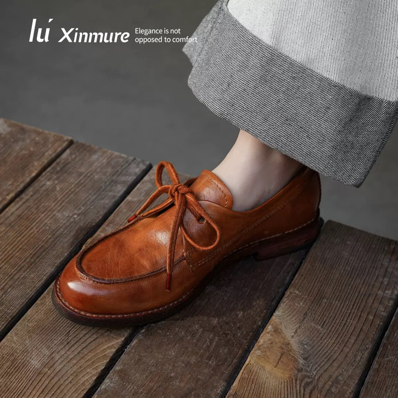 Lu' Xinmure 马皮小皮鞋2026春季新款女鞋粗跟复古圆头系带低帮鞋