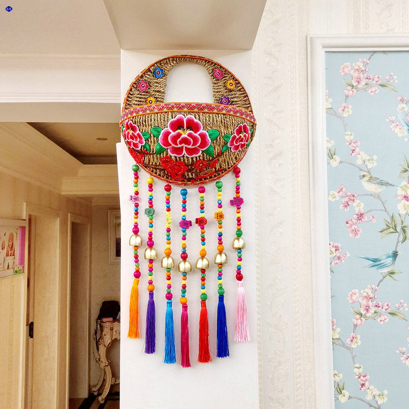 特色民族风家居客厅墙壁绣花花篮圆形饭店餐厅干花田园装饰挂饰