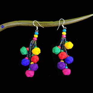 创意特色云南民族风布艺编织盘扣彩球耳环布艺耳坠旅拍服装配饰