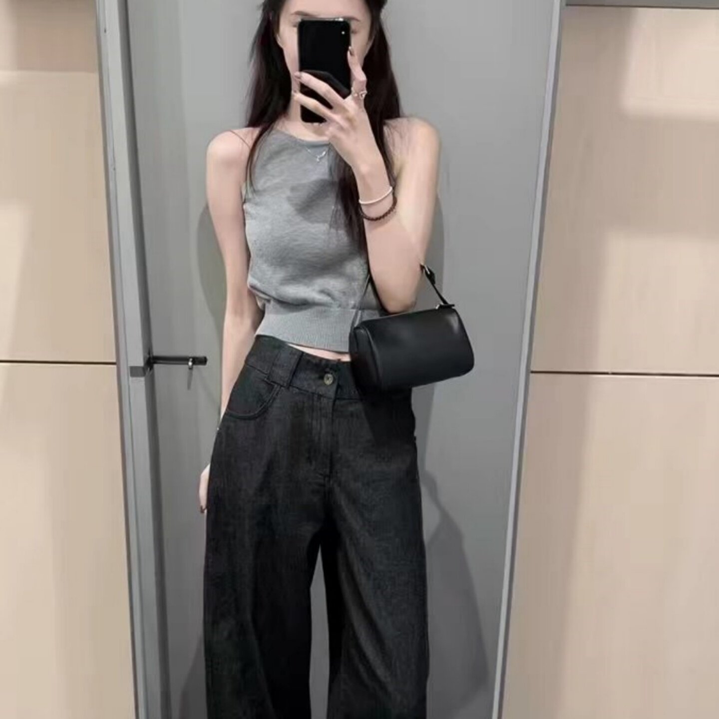 夏季高级感纯欲风挂脖针织吊带设计感现在外穿露肩上衣灰色背心女