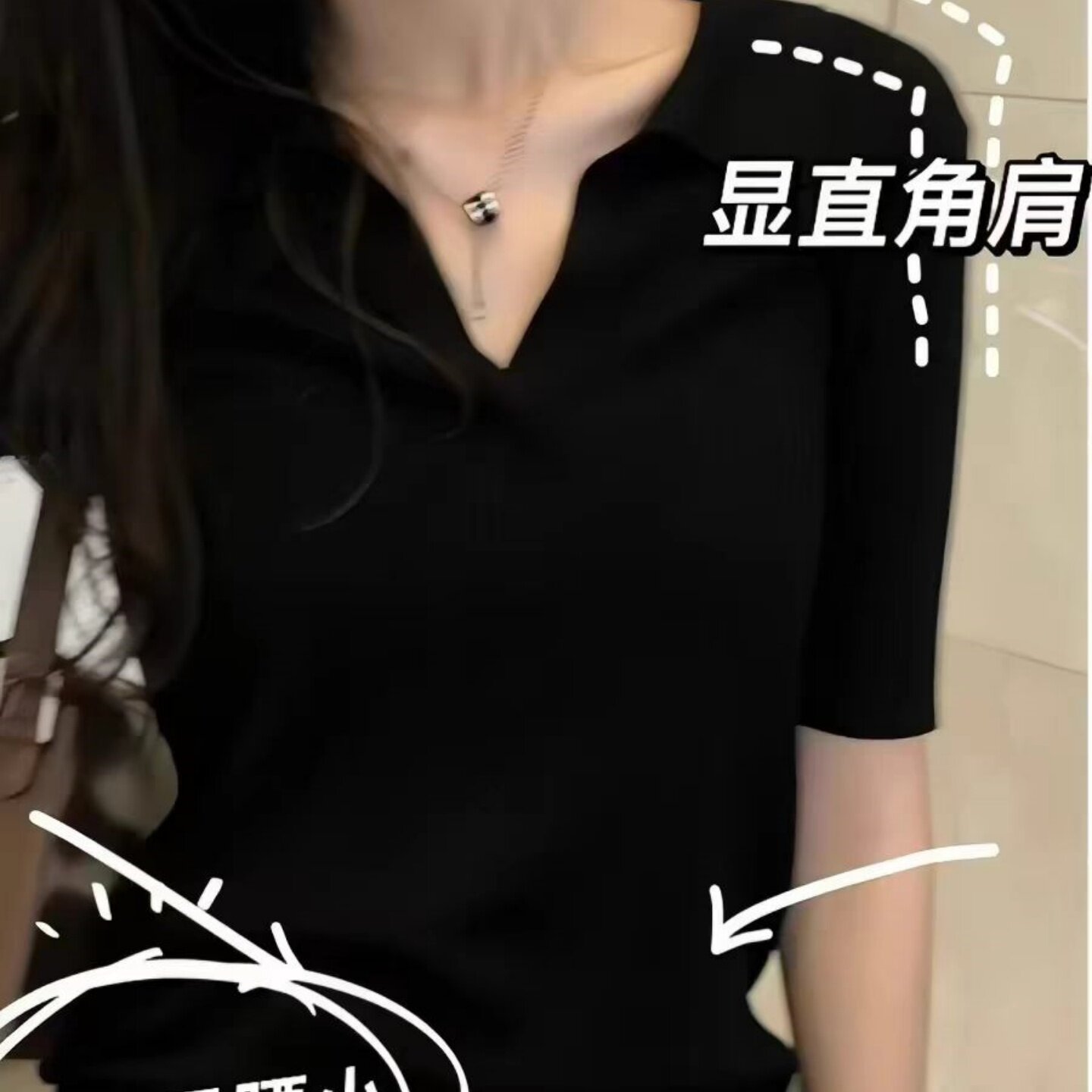正肩Polo领T恤女夏季短袖设计感小众独特别致修身黑色短款上衣女