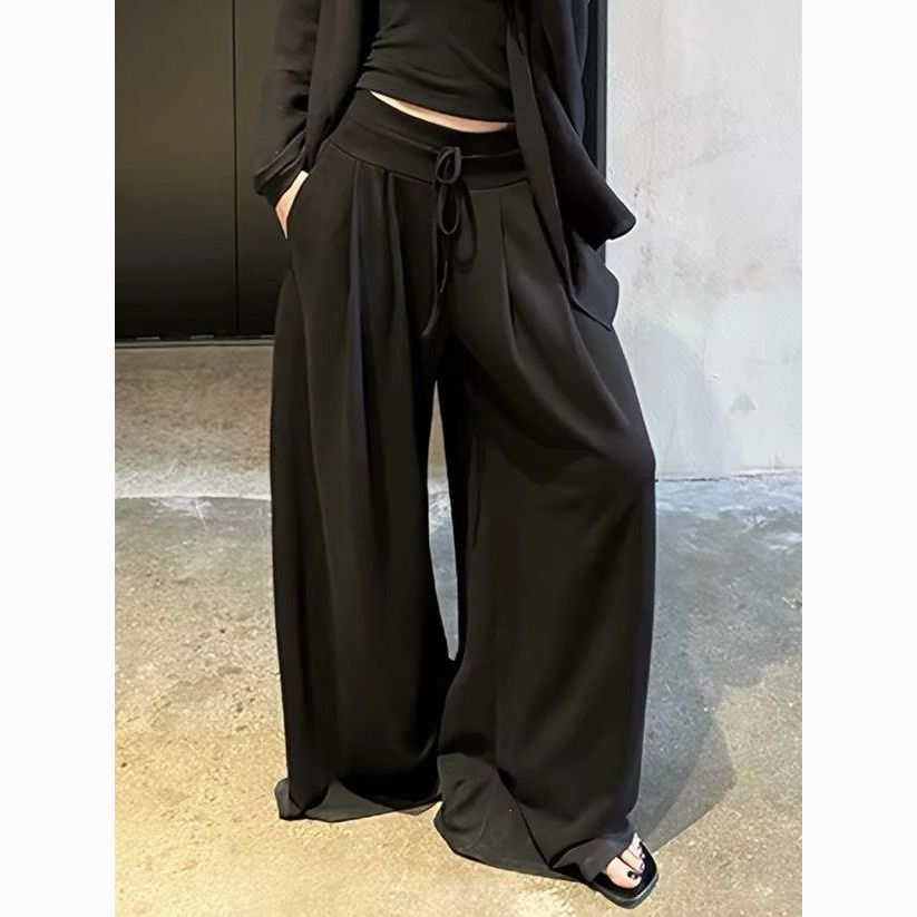 慵懒风高腰系带垂坠显瘦阔腿裤