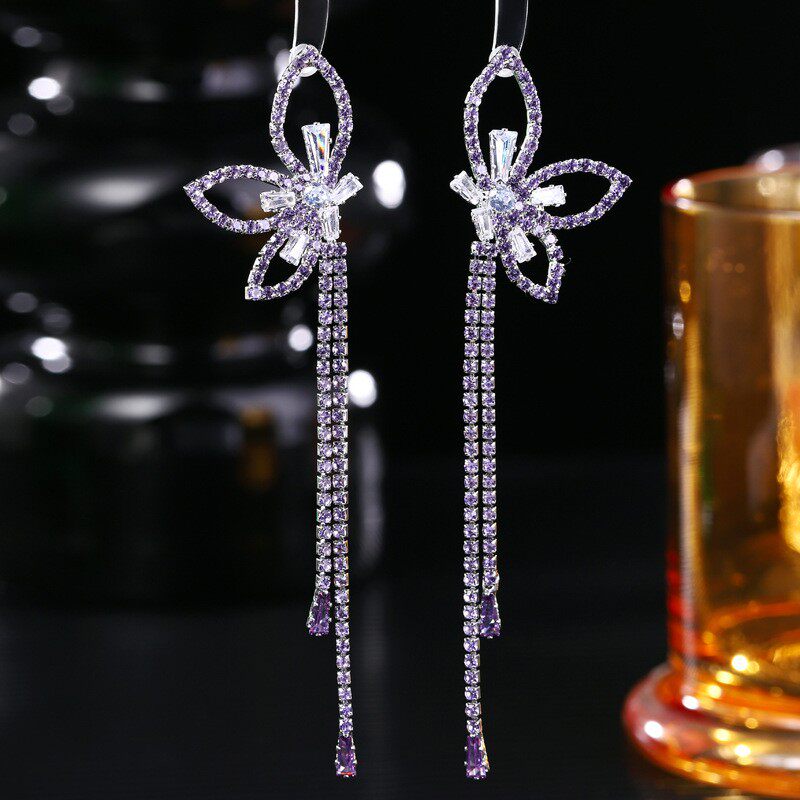 曼休妮紫色水晶花朵流苏耳环女锆石长款气质耳饰蝴蝶流苏大版耳饰