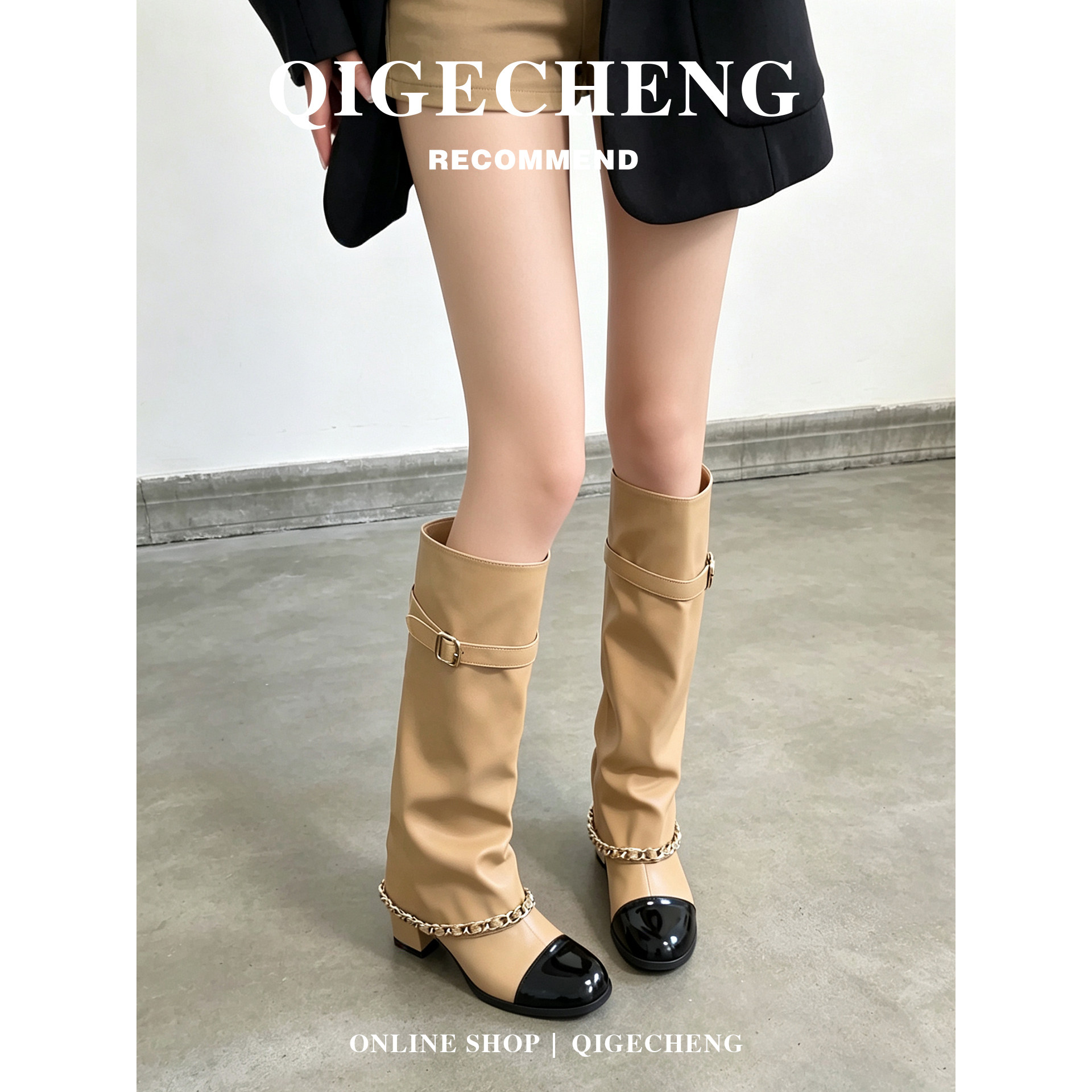 马上发~真皮小香风不过膝长靴女
