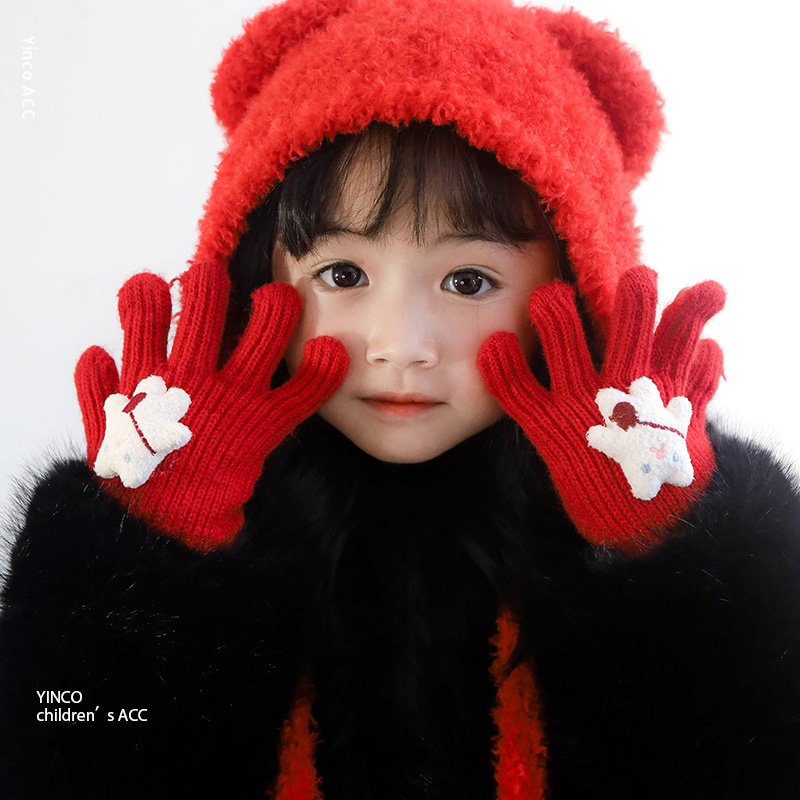 ins背包熊韩系儿童分指手套冬季保暖可爱卡通小熊男女宝针织手套