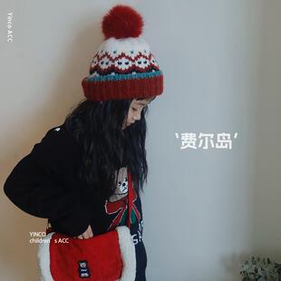 Yinco费尔岛风儿童毛线针织帽子秋冬复古中大童保暖带球防寒帽