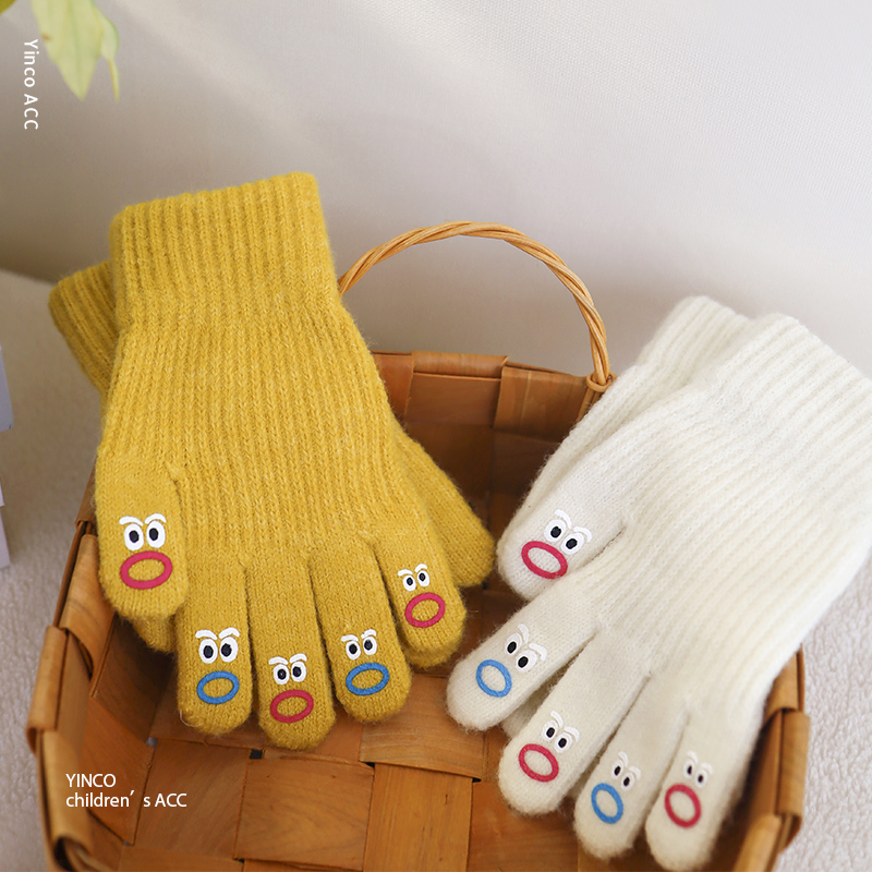 韩国ins儿童男女宝可爱嘴嘴怪表情五指手套亲子学生冬季骑车保暖