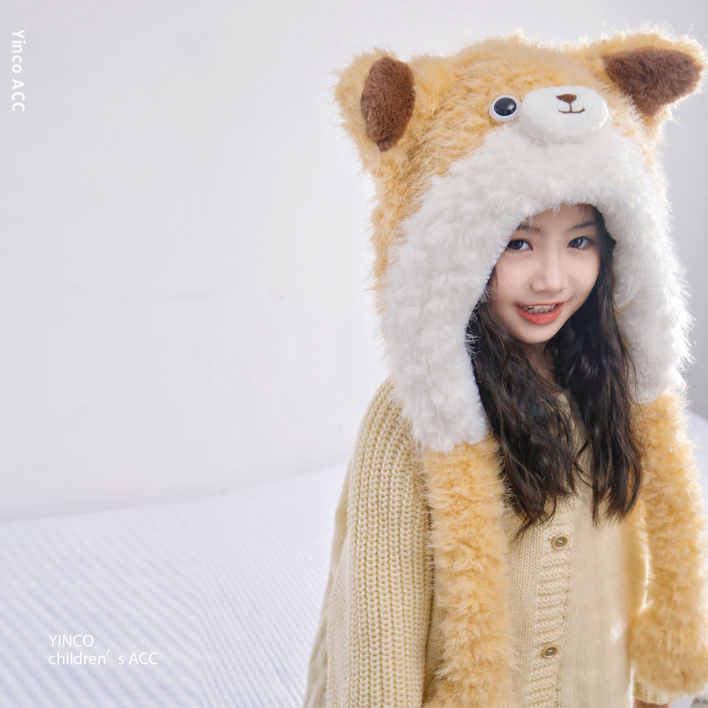 耳朵会动儿童卡通帽子套头帽黄色毛绒帽小狗加厚保暖防寒护耳帽