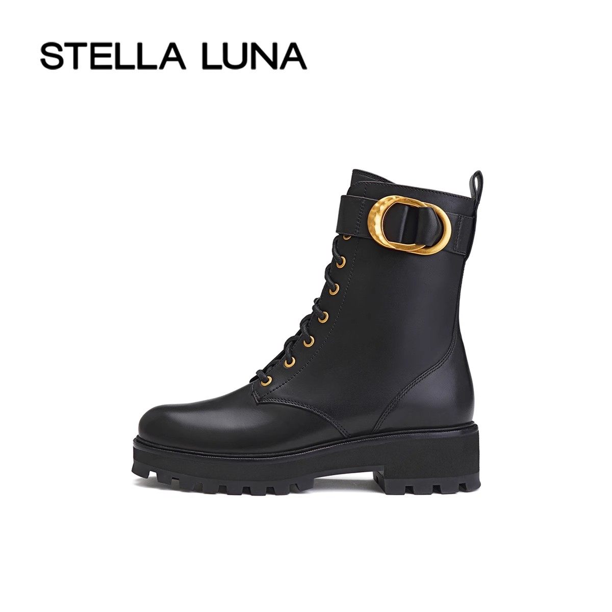 STELLA LUNA女鞋 秋冬新款短靴新月饰扣牛皮厚底短筒侧拉链马丁靴