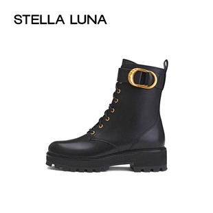 STELLA LUNA女鞋 秋冬新款短靴新月饰扣牛皮厚底短筒侧拉链马丁靴