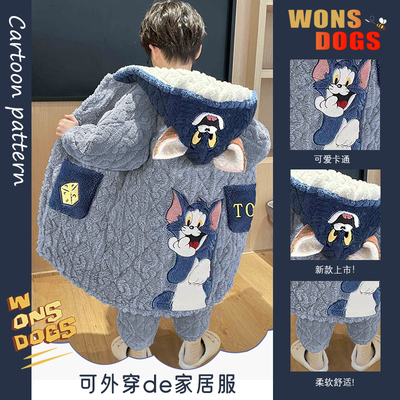 男童睡衣加厚夹棉三层保暖套装